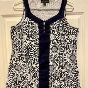August Silk sleeveless linen blend navy blue and while tunic top Sz S